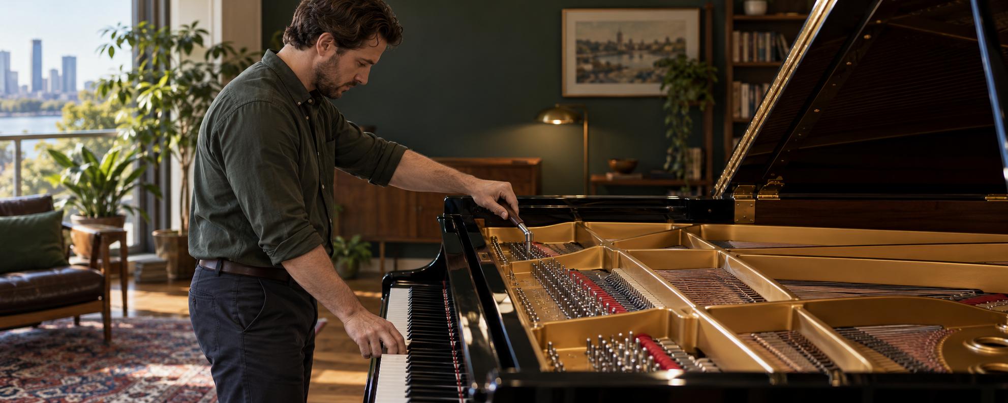 Piano technician tuning a grand piano in a warm living room